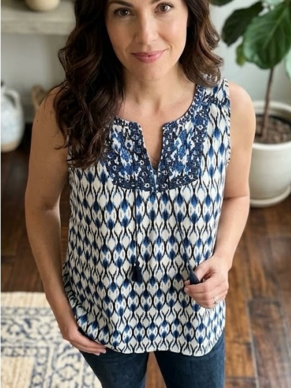 NYDJ Boho Ikat Embroidered Tassel Sleeveless Blouse Boho Coastal Cottagecore